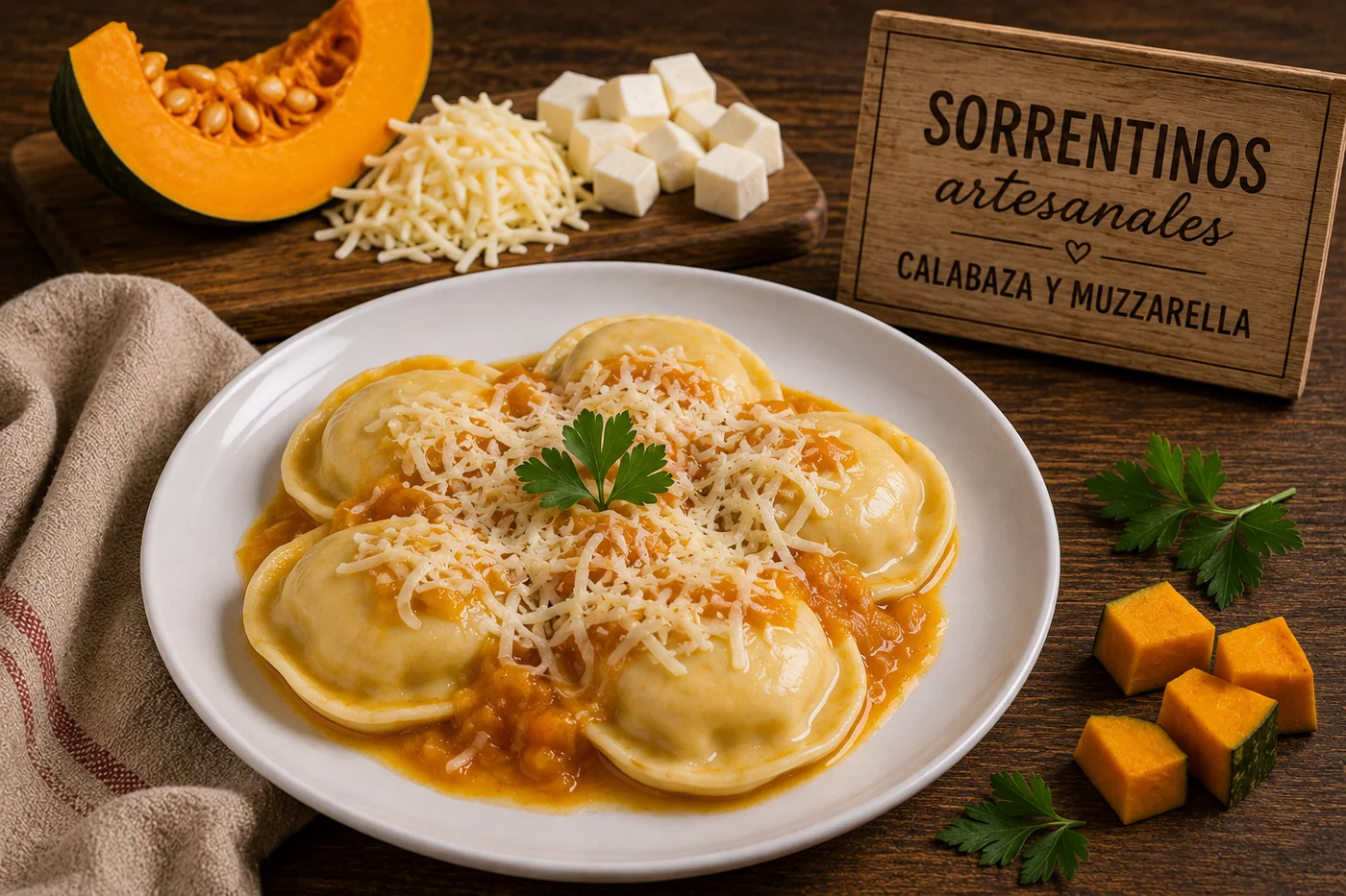 Sorrentinos artesanales de calabaza y muzzarella