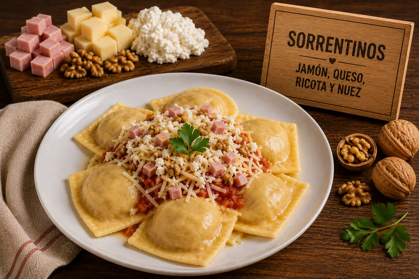 Sorrentinos de jamón, queso, ricota y nuez