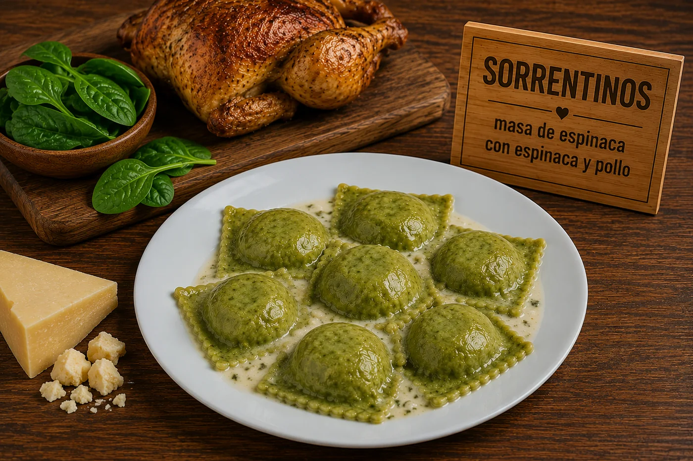 Sorrentinos de masa de espinaca con espinaca y pollo