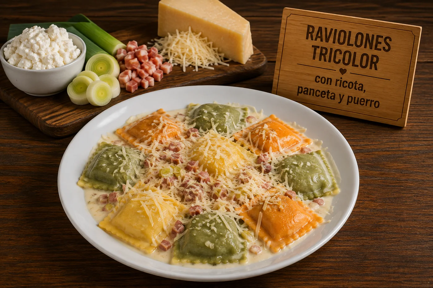 Raviolones tricolor con ricota, panceta y puerro
